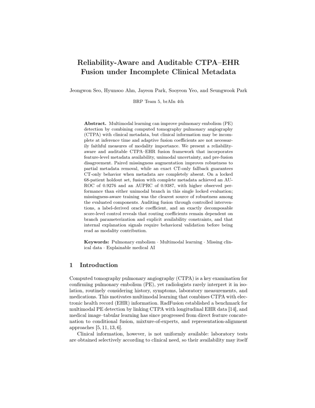 Reliability-Aware CTPA–EHR Fusion 논문 첫 페이지